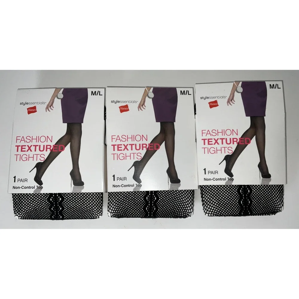 NIP Lot 3‎ Pairs Hanes Stylessentials Fashion Textured Fishnet Tights Black M/L